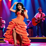 ** Camila Cabello performing "Havana" on a vibrant, colorful stage. She's wearing a ruffled dress that blends modern pop with traditional Cuban elements. The scene captures the energy and celebration of Latin culture, with dynamic lighting emphasizing her performance.

**