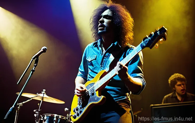 레드 제플린 대표 앨범 - **Prompt:** "A vintage, gritty photograph of a four-piece rock band performing with raw, intense ene...