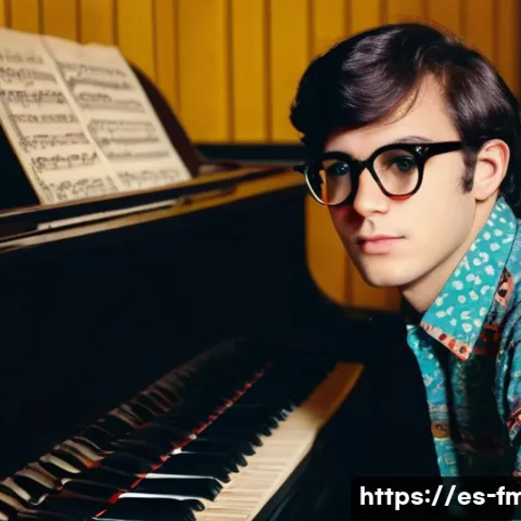 엘튼 존 데뷔 연도 - A detailed portrait of a young male musician in late 1960s London, sitting at a grand piano in a dim...