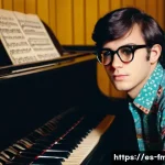 Home 22 엘튼 존 데뷔 연도 - A detailed portrait of a young male musician in late 1960s London, sitting at a grand piano in a dim...