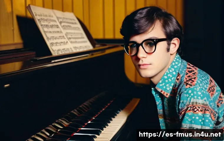 엘튼 존 데뷔 연도 - A detailed portrait of a young male musician in late 1960s London, sitting at a grand piano in a dim...