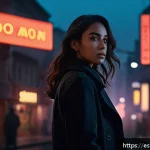 Home 21 디어헌터 장르 - A complex female protagonist standing in a dimly lit, mysterious cityscape at dusk, her expression a...
