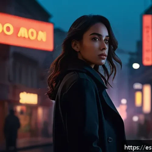 Home 33 디어헌터 장르 - A complex female protagonist standing in a dimly lit, mysterious cityscape at dusk, her expression a...