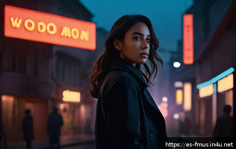 디어헌터 장르 - A complex female protagonist standing in a dimly lit, mysterious cityscape at dusk, her expression a...