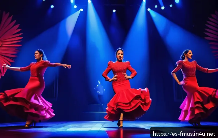 리조 차트 순위 - A vibrant concert scene featuring a female artist inspired by Rosalía, blending flamenco and trap el...