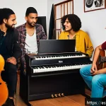 Home 19 프린스 차트 순위 - A vibrant music studio scene featuring a diverse group of young independent artists collaborating on...