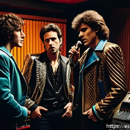 Home 30 퀸 사건사고 - A detailed, dramatic scene inside a 1980s recording studio with four male musicians resembling a cla...