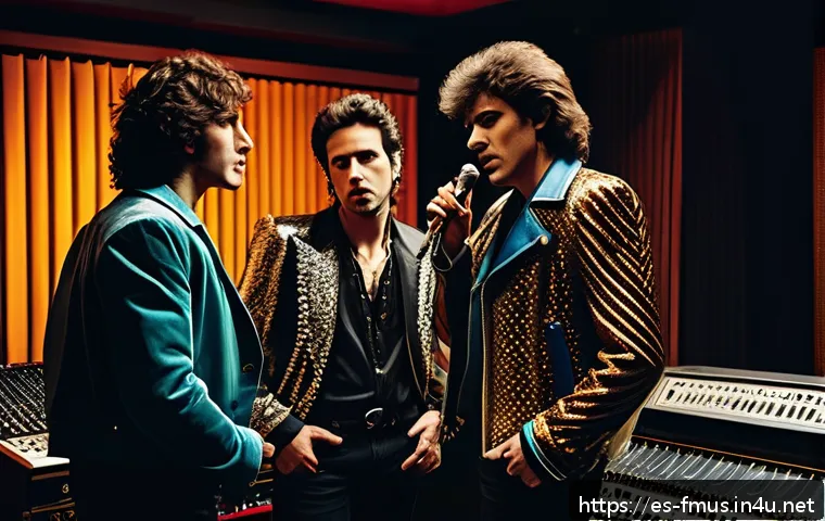 퀸 사건사고 - A detailed, dramatic scene inside a 1980s recording studio with four male musicians resembling a cla...