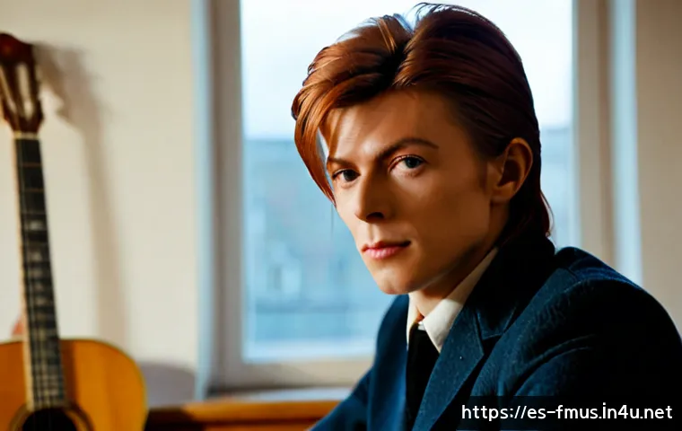 데이비드 보위 본명 - Photorealistic editorial portrait of a young David Bowie in early 1960s London, thoughtful expressio...