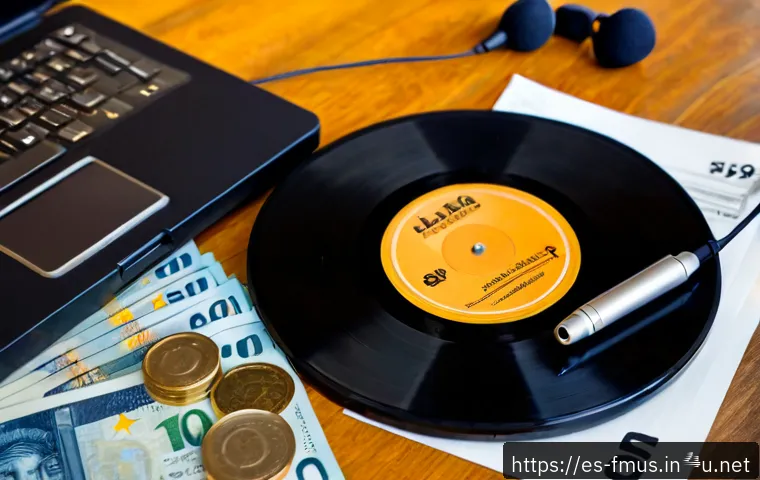 비틀즈 음원 수익 - Photorealistic music royalty concept, a vintage vinyl record spinning beside a modern smartphone and...