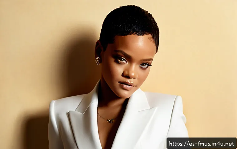 리한나 프로필 - Photorealistic editorial portrait of Rihanna in an elegant tailored white suit, poised expression, s...